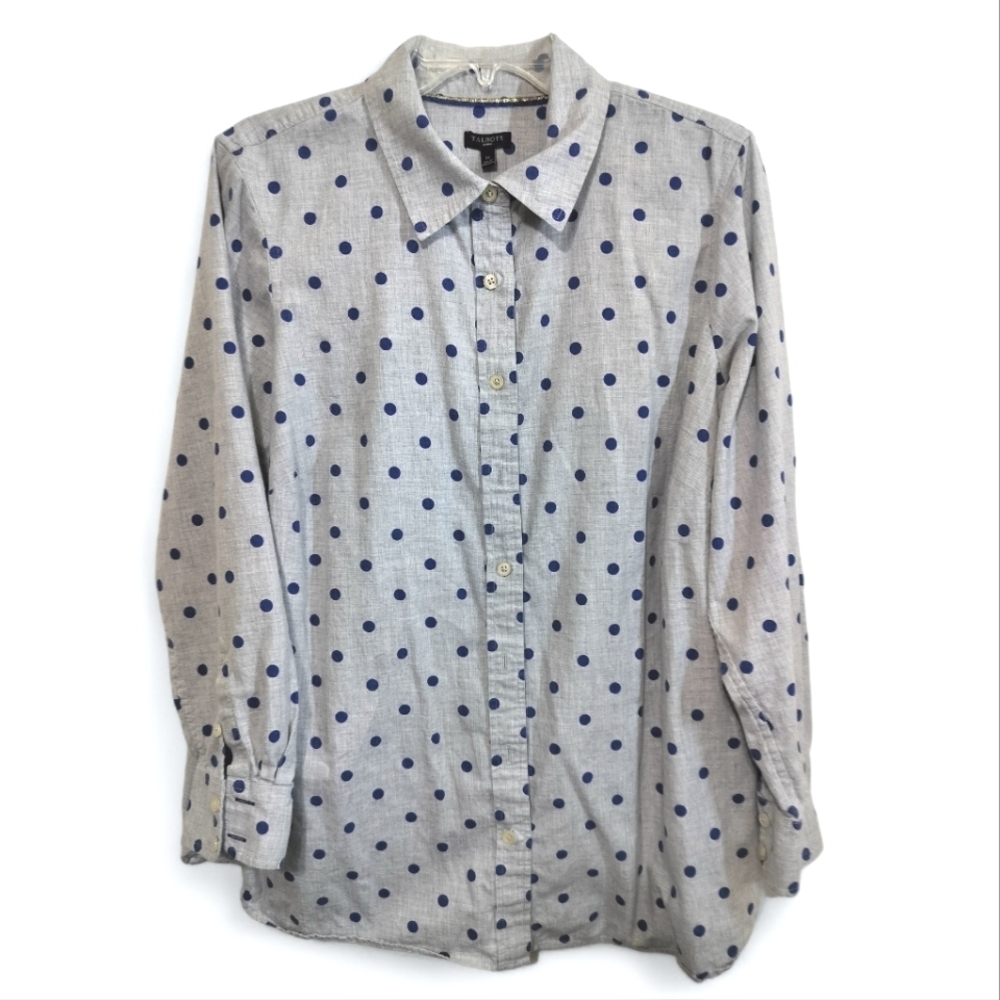 2319)Talbots Women's Grey Polka Dot Button Up Gold Trim Shirt Plus Size 1X
